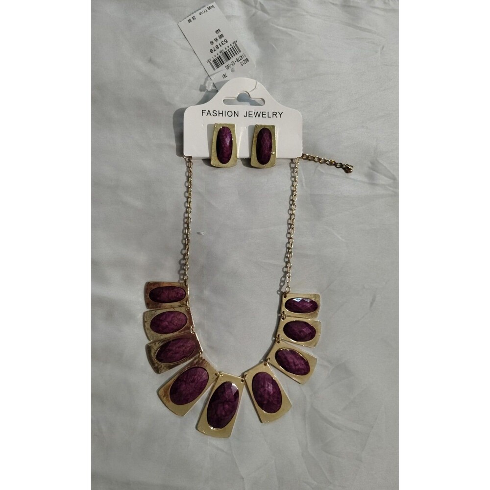 Fashion Jewelry Statement Necklace Earring Set Gold Tone Retro Modern Bridal Gif